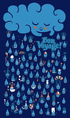 a blue poster with an image of a cloud and many different types of raindrops