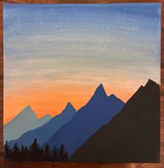 a painting of some mountains with trees in the foreground and stars in the sky