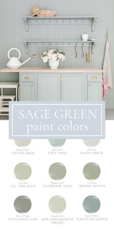 the sage green paint colors are shown in this color scheme for kitchen cabinets and countertops