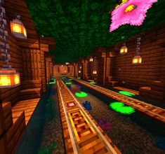 a screenshot of an underground minecraft location with lights on and plants growing in the ground