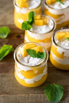 mango ice cream in small jars with mint leaves on the side and text overlay