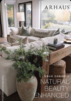 a living room filled with furniture and a plant in a vase on the coffee table