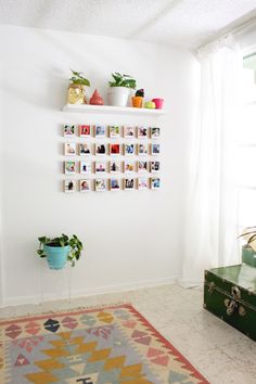 a room with a rug, potted plants and pictures on the wall