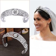 a woman wearing a tiara and veil next to an image of a bride's headpiece