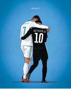 two soccer players hugging each other on a blue background