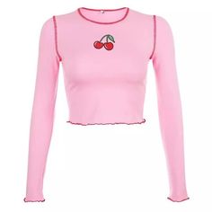 Strawberry Print, Embroidered Top, Aesthetic Clothes, Chic Style, Tart, White Background, Long Sleeve Tshirt, Long Sleeve Tops