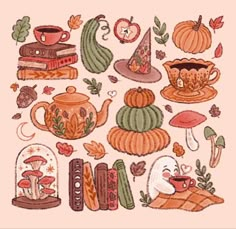 a cross stitch pattern with many different things on it, including pumpkins and other items