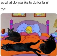 three black cats laying on top of a bed next to each other with caption that reads, so what do you like to do for fun? me