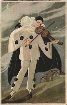 a painting of a man with a violin in his hand and an umbrella over his shoulder