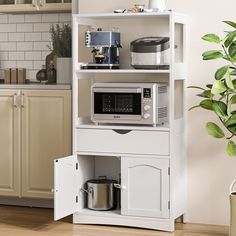 a white microwave oven sitting on top of a wooden shelf next to a potted plant