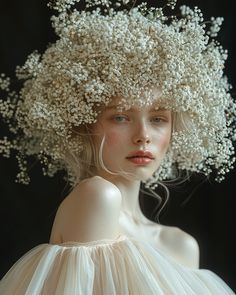 a woman with white flowers on her head and dress in front of her face, she is wearing a wreath of baby's breath