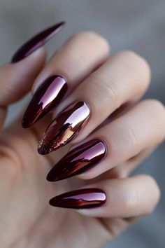 Nail Designs Wine Color, Jewel Color Nails, Metallic Halloween Nails, Glam Fall Nails, Fall Nails On Dark Skin, Fall Chrome Nails 2024, Autumn Color Nails, Fall Chrome Nails Designs, Wine Chrome Nails