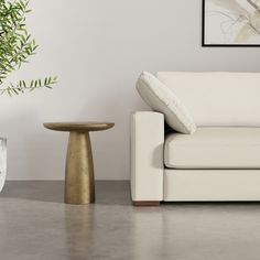 a white couch sitting next to a table with a potted plant on top of it