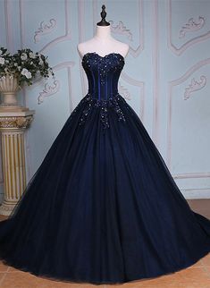 Custom size and custom color are available, there is no extra payment for custom size or custom color. Product Information: Dress Number: #65TR, Material: Tulle, Silhouette: Ball Gown Color: Blue, Hemline: Floor Length, Back Details: Lace-up Delivery times: Processing time: 2-3 weeksShipping time: 3-5 working days Rush Order Rush order service is available, For rush order, you can receive your order in 2 weeks. Custom Measurements For custom size, please leave us the following measurements in th Party Dress Blue, डिजाइनर कपड़े, Prom Dress Pictures, Navy Blue Prom Dresses, Long Party Dress, Navy Blue Bridesmaid Dresses, Blue Ball Gowns, Blue Corset, Floor Length Prom Dresses