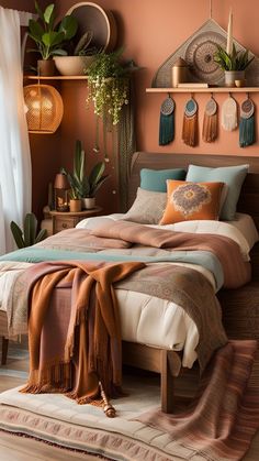 a bed with pillows and blankets on top of it in a room filled with potted plants