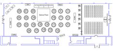 the floor plan for an event with tables, chairs and seating areas on each side