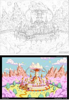 two different views of an amusement park and the same drawing in color, each with their own theme