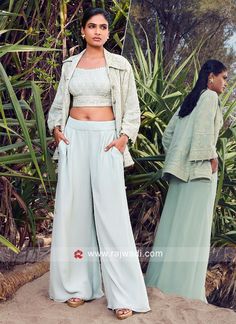 Sea Green Georgette Palazzo Set With Jacket... Georgette Palazzo