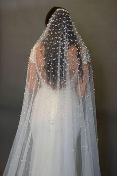 the back of a woman's wedding dress with beaded veil and long sleeves