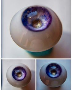 three different pictures of an eyeball with blue and purple colors on it's surface