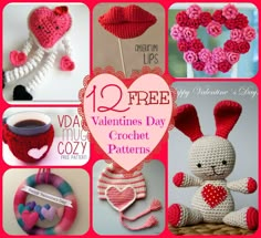 valentine's day crochet patterns are featured in this collage