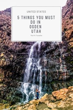 a person standing in front of a waterfall with the words, 5 things you must do in oman