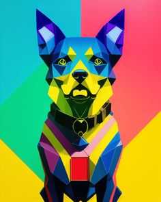 a colorful dog is shown in front of a multi - colored background with geometric shapes