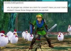 the legend of zelda is standing in front of chickens