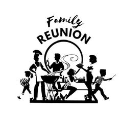 the family reunion logo with silhouettes of people cooking and drinking at a barbecue grill