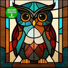 an owl is sitting in front of a stained glass window with the words instant download on it