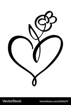 a black and white drawing of a heart with flowers