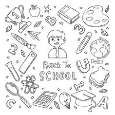 back to school coloring page with black and white doodles on the theme of education