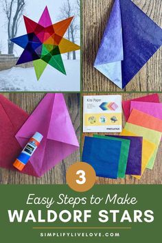 the steps to make an origami star out of paper and colored construction paper