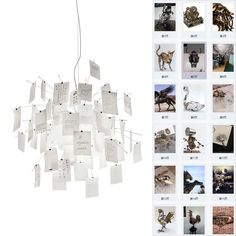 a collage of photographs with pictures and notes attached to the lightshade above them