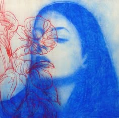 a drawing of a woman's face with flowers in her hair and the background is blue