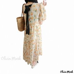 Olivia Mark - Stylish Loose Fit Maternity Dress with Floral Chiffon and Bubble Sleeves Casual White Chiffon Dress With Short Sleeves, Short Sleeve Chiffon Dress For Day Out, Casual Summer Chiffon Dress, Casual Chiffon Maxi Dress For Daywear, Casual Chiffon Short Sleeve Dress For Vacation, Casual Short Sleeve Chiffon Dress For Vacation, Casual Orange Chiffon Dress, Casual Chiffon Maxi Length Dress For Day Out, Casual Chiffon Dress For Daywear