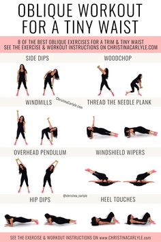 trainer Christina Carlyle doing 8 oblique exercises and text that says the best oblique workout for a tiny waist Oblique Exercises, Workout Instructions, Oblique Workout, Musa Fitness, At Home Workout Plan, Pilates Studio, Waist Workout, Fitness Workout For Women