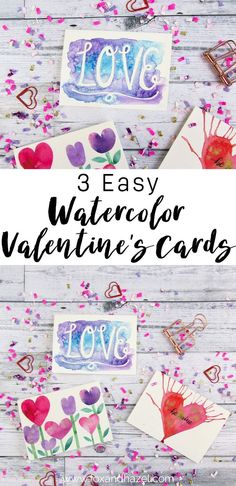 watercolor valentine's cards with hearts and flowers on them