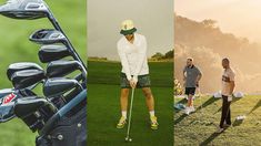 three different shots of men playing golf, one with clubs and the other with balls