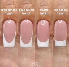 4 types #aaliyah #nailsofinstagram #nails Type Of French Tip Nails, Different Type Of French Tip Nails, French Type Nails, French Tips Different Shapes, French Tip Normal Nails, Straight Nail French Tip, Type Of French Nails, Different Types Of French Tip Nails Chart, Normal French Tip Nails