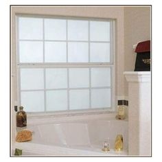 Frosted is a rich-looking, frosted glass window film that adds privacy without darkening the room. Film contains actual glass particles to capture the shimmer and of real etched glass. Dress A Bathroom Window, Blinds In Shower Window, Wax Paper Window Privacy, Paned Windows, Bathroom Dream, Room Cooler