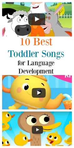 the cover of 10 best toddler songs for language development with cartoon animals and farm animals