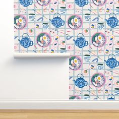 the wall paper is decorated with colorful designs