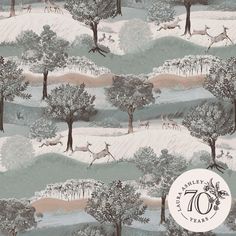 a wallpaper with trees and deers on it