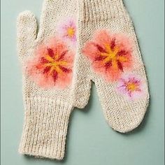 By Troubadour. Limited Mittens. Cute Floral Motif. Brand New. Acrylic; Nylon; Mohair. Felt Mittens, Knitted Gloves Mittens, Tech Gloves, Anthropologie Accessories, Wool Mittens, French Knot, Knit Mittens, Knitted Gloves, Winter Accessories