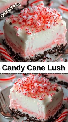 two pictures of candy cane lush cake on a plate