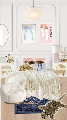 the bedroom is decorated in white and has animal prints on the wall above the bed