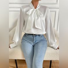 Stunning Solid Color Tie Neck Satin Blouse - Elegant Long Sleeve Women's Blouses For Spring & Fall - Classic, Chic, And Comfortable Clothing For Ladies Size Med/6 Bust 35-37 Waist 27-29 Polyester Long Sleeve Bow Detail Semi Sheer Tie Neck Collar Office Blouse, Satin Bluse, Classic Blouses, Women's Blouses, Tie Neck Blouse, Bow Blouse, Classic Chic, Satin Blouse, Work Blouse