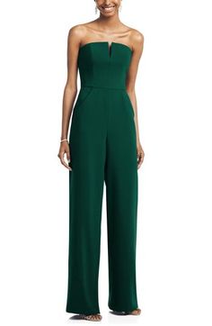 A winning option for formalwear with less fuss, this crepe jumpsuit features a strapless neckline as well as wide legs and a pleated front for a flowing look. 54 1/2" length (size 8) Hidden back-zip closure Strapless neck Sleeveless Wide-leg pants Lined 100% polyester Machine wash, line dry Imported Special Occasion and Wedding Suite Green Jumpsuit Outfit, Jumpsuit Outfit Wedding, Fancy Jumpsuit, Jumpsuit For Wedding Guest, Dessy Collection, Coverall Jumpsuit, Outfits Dressy, Formal Jumpsuit, Evening Jumpsuit