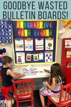 two young children sitting at a table in front of a bulletin board that says goodbye wasted bulletin boards